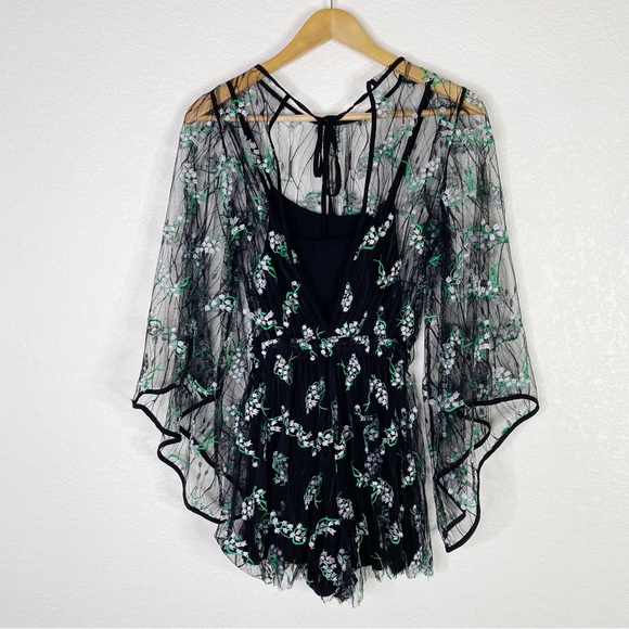 Urban Outfitters Black White Green Embroidered Floral Sheer Romper - Picture 8 of 8